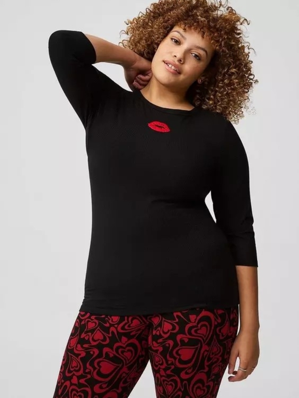 Torrid Black Ribbed Long Sleeve Top with Red Lip Patch